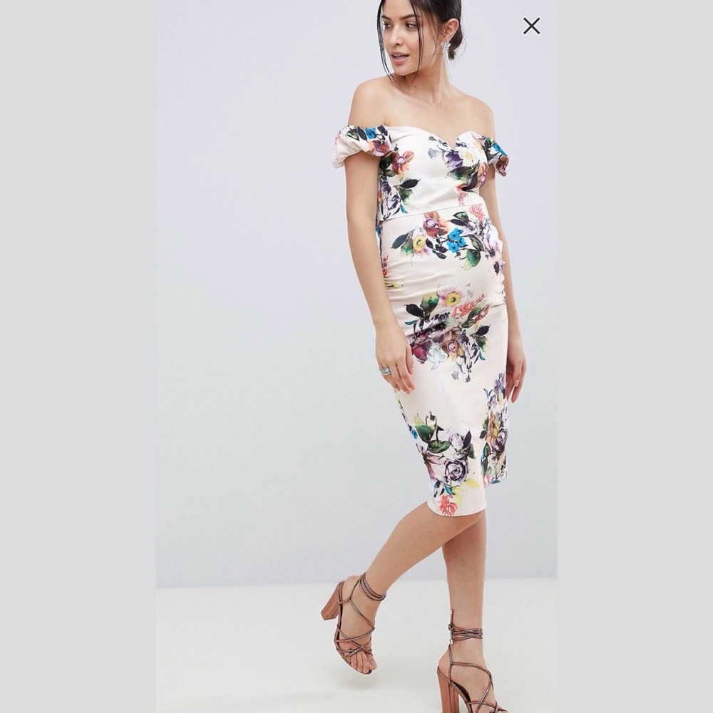 ASOS off the shoulder maternity floral midi dress
